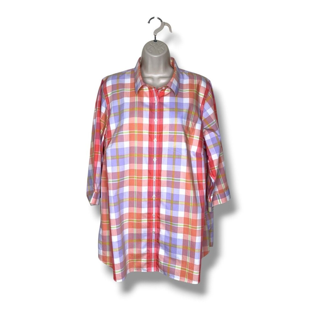 Lands End Plaid Button Front Shirt 3/4 Sleeve Cotton No Iron Women Plus 18W FLAW